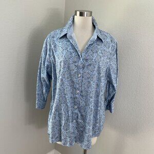 Chaps Womens Plus 1X Blue Paisley No Iron Button Up Shirt 3/4‎ Sleeve Blouse